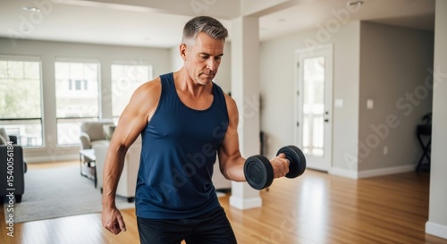 Mature Man Lifting Weights at Home: Bicep Curl Exercise