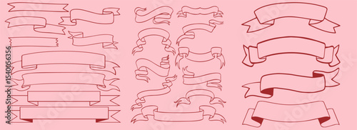 Vintage Hand Drawn Outline Ribbons and Banners Big  Set on Pink