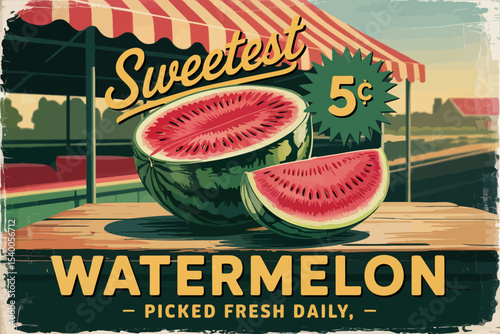 Vintage Watermelon Poster – Retro Produce Ad with Red Flesh, Green Rind, Yellow Script, “5¢” Starburst, Distressed Texture, and Classic Market Style Featuring Awning, Table, and Juicy Slice