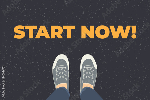 view of person feet standing on asphalt road with text start now; ideal for use in self-improvement blogs, coaching websites, business presentations, or motivational materials- vector illustration