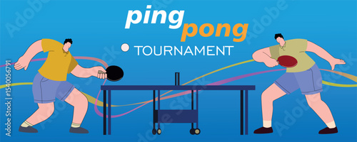 Two men playing ping pong, tournament, championship poster, competition. Banner, flat style, tennis sport club, hobby, table tennis training