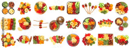 Set of different candied fruits on white background, top view