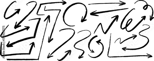 Set of hand-drawn arrows, circles and lines. Collection of hand drawn arrows on a transparent background. Vector EPS 10