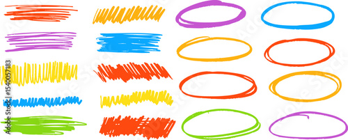 Colorful vector scribble strokes and highlight circles set on transparent background. Perfect for underlines, notes, or design accents. Vector EPS 10