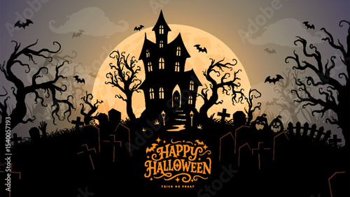 Spooky Halloween background with haunted house, graveyard, creepy trees, bats, and full moon. Ideal for party invitations, banners, or seasonal designs.