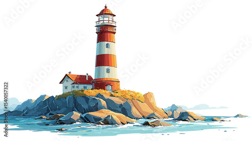 A digital painting or illustration depicting a red and white striped lighthouse situated on a small, rocky island.  The island is surrounded by ocean waves. A small house-like structure is visible