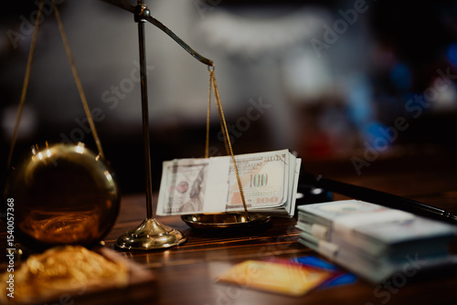 Bundles of cash and gold bars placed on justice scale, representing financial comparison, value weighing, and legal implications.