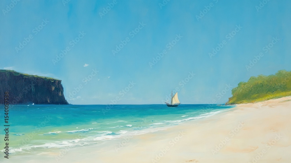 Obraz premium Tranquil Seascape: A lone sailboat glides across turquoise waters, under a bright summer sky, towards a distant cliff and pristine sandy shore.
