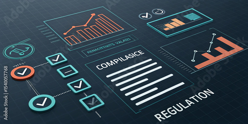 Sophisticated Digital 3D Interface Showcasing Compliance, Legal, and Analytical Aspects
