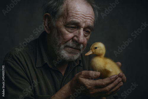 Tender portrait of an elderly man with a beard, gently holding a small, cute yellow duckling in his cupped hands, looking at it with soft affection. Dark, moody.