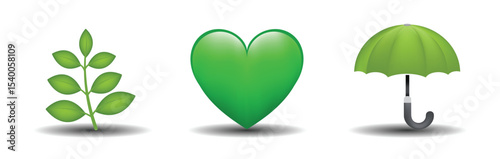 3 emoticons isolated on white background. Green color heart, branch, umbrella vector emoji illustration. 3d illustration set.