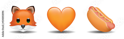 3 emoticons isolated on white background. Orange color heart, fox, hot dog vector emoji illustration. 3d illustration set.