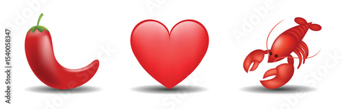 3 emoticons isolated on white background. Red color heart, scorpion, pepper vector emoji illustration. 3d illustration set.