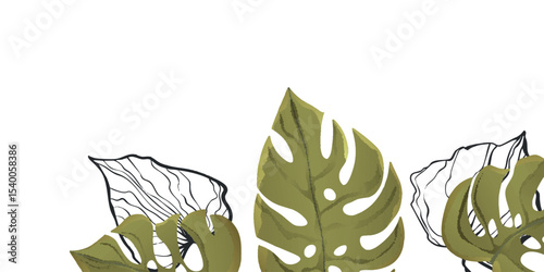 Floral frame with colorful exotic branches on white background. Ornate border with tropic leaves. Vector stock illustration for wallpaper, posters, card. Doodle style. Copy space.
