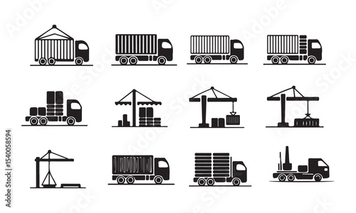 Vector Illustration of Various Transportation and Cargo Handling Icons, set of black and white icons depicts various transportation and cargo handling methods, including trucks with containers and car
