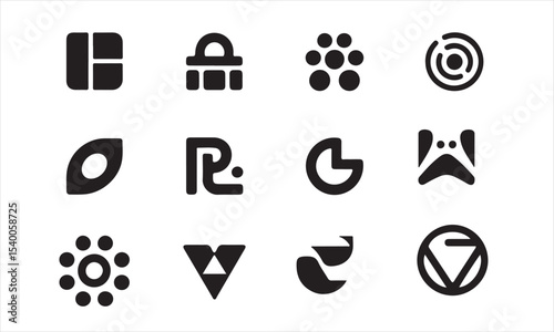 A set of twelve distinct, minimalist logos vector art on white