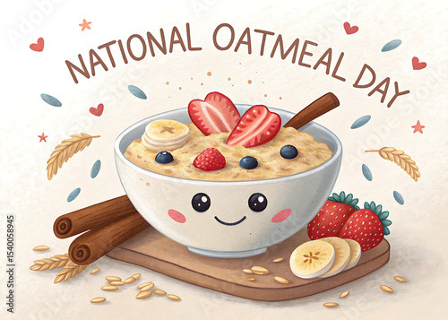 Creative illustration for National Oatmeal Day with a stylized bowl of oatmeal in the form of a cheerful smiling face