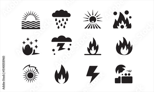 A set of simple, black and white vector icons depicting various weather phenomena, including sun, rain, clouds, lightning, snow, fire, and a stylized wave.