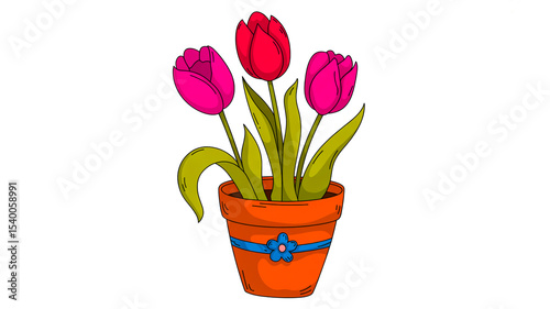 Wallpaper Mural A hand-drawn illustration of three pink tulips in an orange clay pot Torontodigital.ca