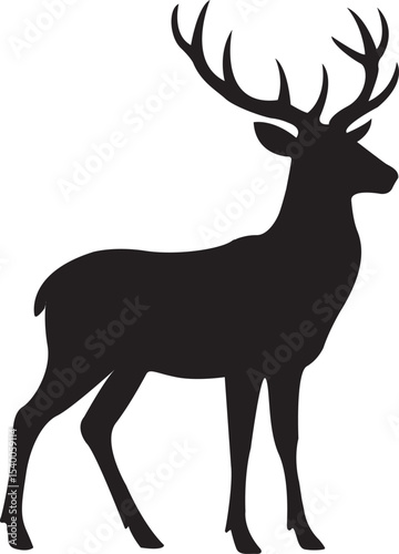 Deer Silhouette Vector - Majestic Stag with Antlers on White Background