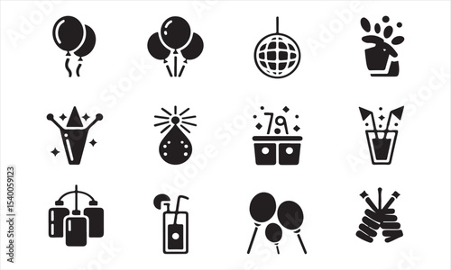 A collection of black and white icons representing various celebratory elements.