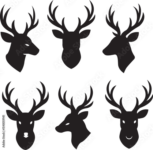 Set of Deer Head Silhouette Vectors – Stag Antler Icon Collection