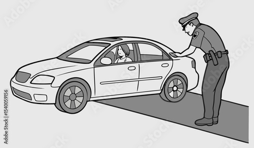  A police officer interacts with a driver at the side of a sedan vehicle, The setting captures a typical day where public safety and communication play essential roles in maintaining order and trust