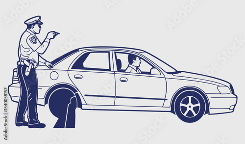 A police officer interacts with a driver at the side of a sedan vehicle, The setting captures a typical day where public safety and communication play essential roles in maintaining order and trust