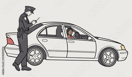  A police officer interacts with a driver at the side of a sedan vehicle, The setting captures a typical day where public safety and communication play essential roles in maintaining order and trust