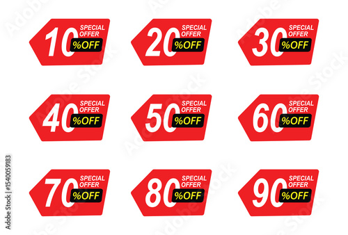 Sale tag speech bubble red shape with different discount set. 10, 20, 30, 40, 50, 60, 70, 80 and 90 percent price clearance sticker badge