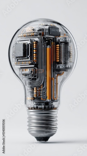 3D illustration of an AI-enhanced lightbulb featuring automation on a clean white background, symbolizing advanced tech in lighting.