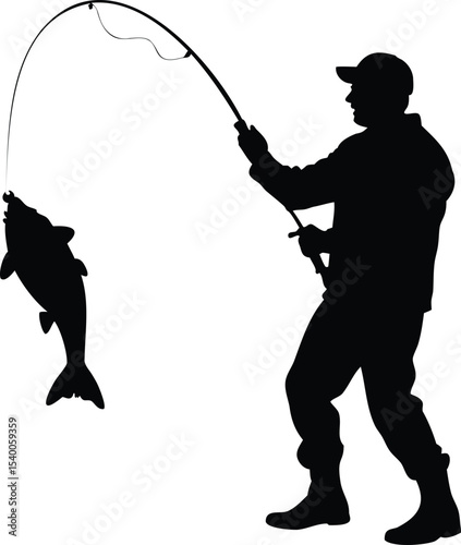 A silhouette of a fisherman reeling in a large catch in nature