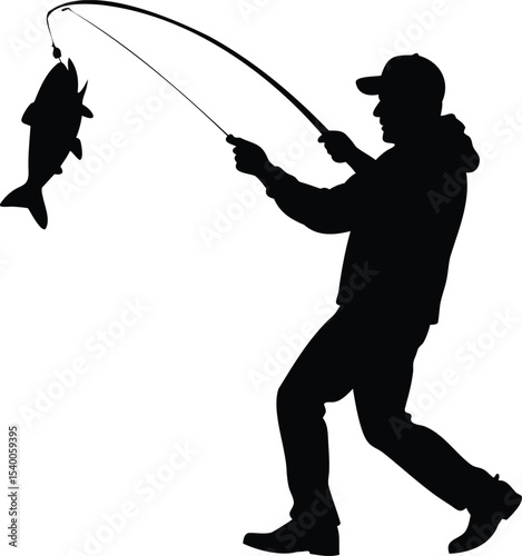 Silhouette of a fisherman catching a big fish with a fishing rod