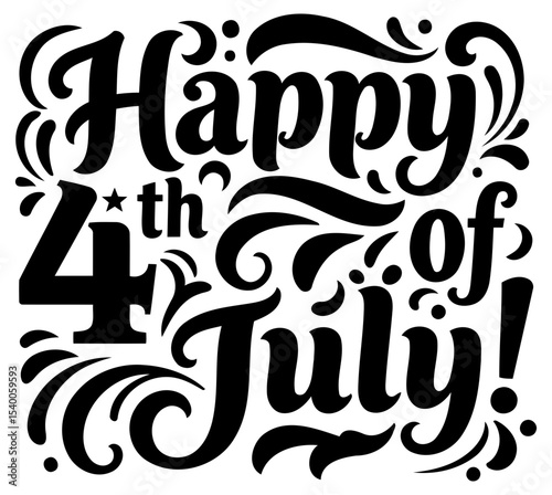 Happy 4th of July decorative typography graphic design. Elegant. ornate text design for patriotic celebration.