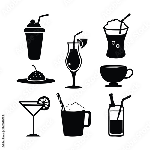 Set of minimalist black-and-white drink icons. Each icon should represent a different type of beverage.