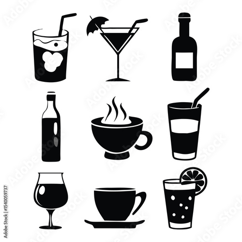 Set of minimalist black-and-white drink icons. Each icon should represent a different type of beverage.