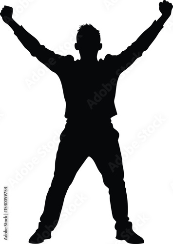 Silhouette of a triumphant man celebrating victory with arms raised in air