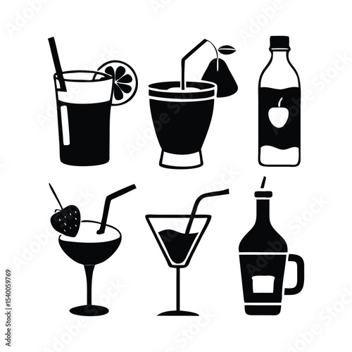 Set of minimalist black-and-white drink icons. Each icon should represent a different type of beverage.