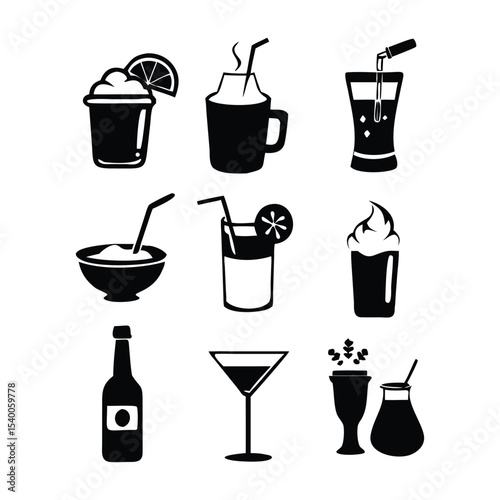 Set of minimalist black-and-white drink icons. Each icon should represent a different type of beverage.