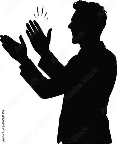 Silhouette of a man applauding and cheering with great enthusiasm and energy