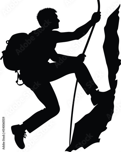 Silhouette of a backpacker climbing a rocky cliff with trekking poles