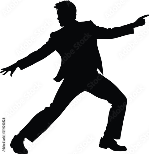 Silhouette of a man in a suit pointing confidently towards the future