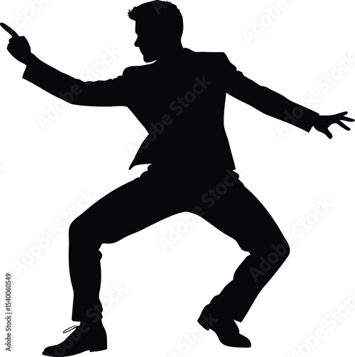 Energetic silhouette of a man in a suit dancing and pointing