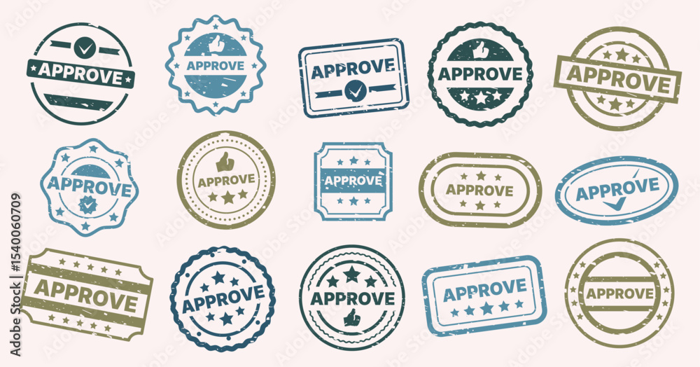 Obraz premium Approved stamp. Grunge texture round seal with text of acceptance and validation concept, certification and confirmation stamp badges. Vector document seals set