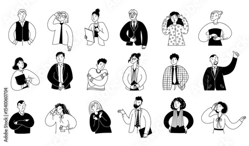 Sketch person expression. Line people emotions, office man woman workers expressive portraits with emotional faces. Vector happy sad feelings expression doodle set
