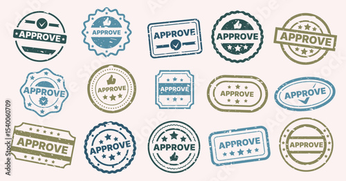 Approved stamp. Grunge texture round seal with text of acceptance and validation concept, certification and confirmation stamp badges. Vector document seals set