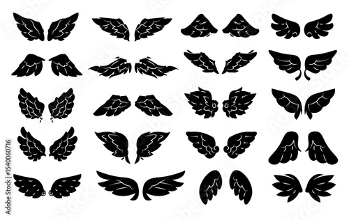 Wings black icon. Angel wing silhouette, abstract bird winged logo, simple decorative heather hawk angels phoenix wing symbols. Vector isolated emblem set