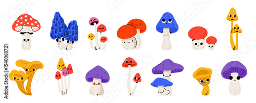 Mushrooms character. Cute kawaii forest fungi with funny faces, cartoon autumn edible and poisoning mushroom plant characters with emotions. Vector isolated shrooms fungus set