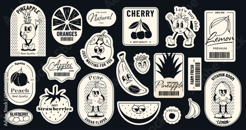 Retro cartoon food emblem. Fruit vintage comic stickers with funny faces, apple lemon banana orange raspberry mascot label. Vector foods and fruits comic characters set