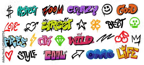 Graffiti icons. Urban street art stickers with spray paint, brush lettering and skull cherry heart signs, doodle graffiti sketch hip hop words for print design. Vector graffiti set